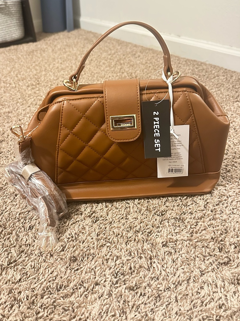 Quilted Satchel Handbag in Tan - 2 Piece Set